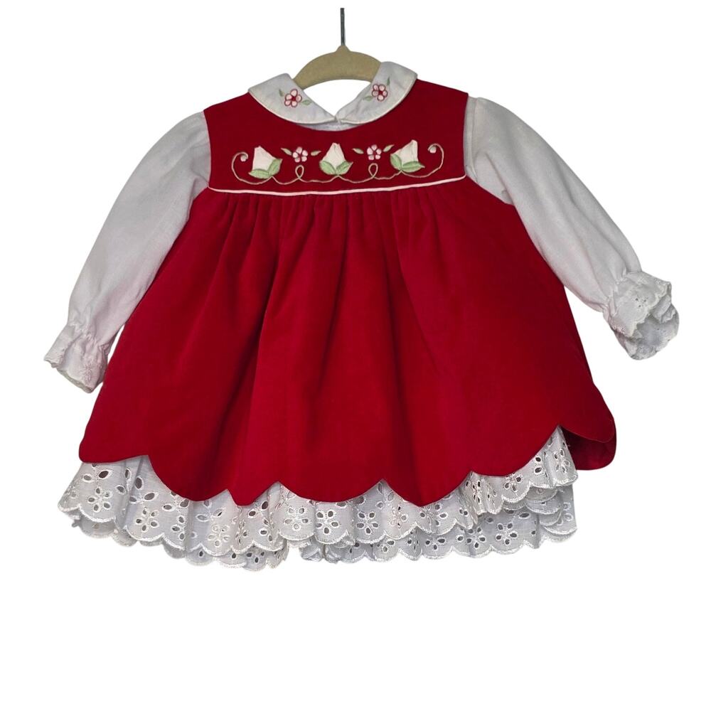 Vintage 80s Baby Togs Embroidered Pinafore Dress 6-9 Months Red‎ Velvet